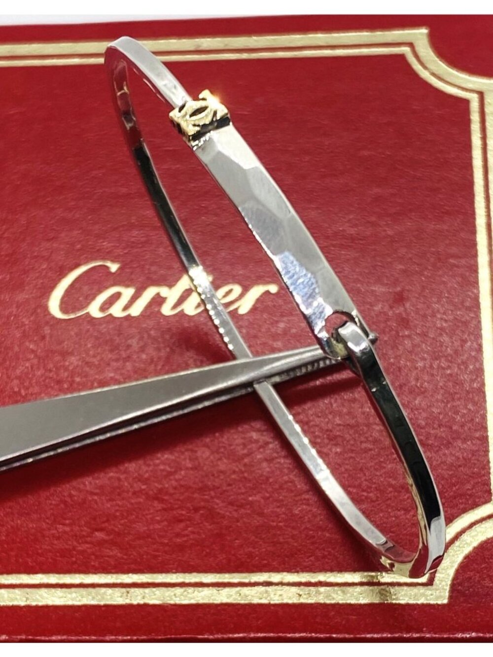 Cartier Serling Silver 925 18K Hammered ID Plate Bracelet 6.75"